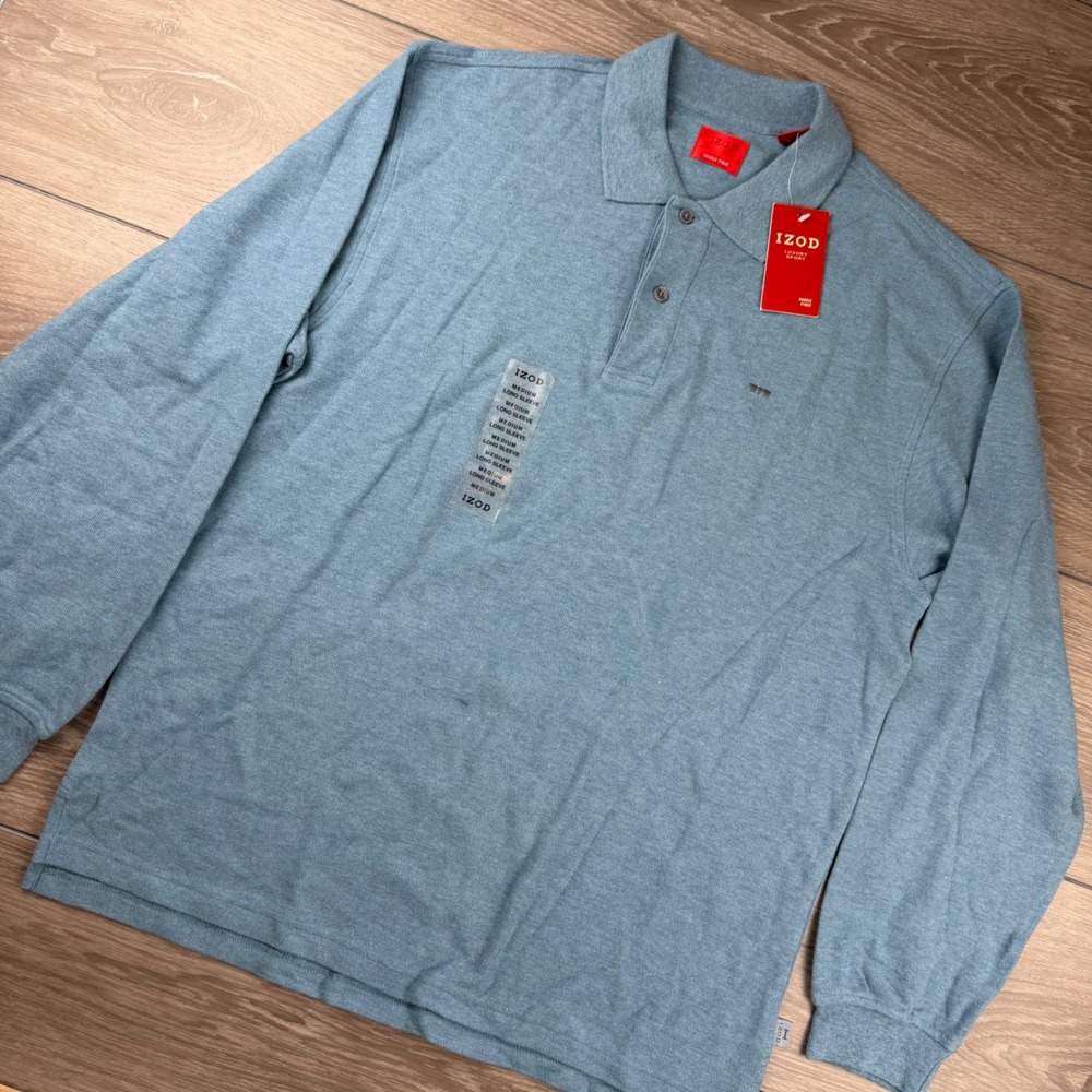 IZOD Mens Polo Shirt Long Sleeve Double Pique Blue Medium